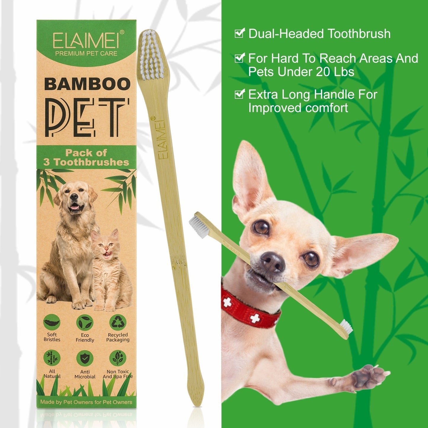 Eco-Friendly Dogs and Cats Bamboo Double-sided Toothbrush